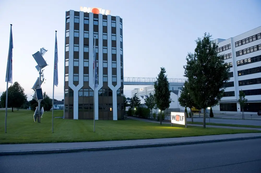 Wolfs Gebäude mit modernen Büros und Skulpturen im Vordergrund, umgeben von Rasenflächen und Bäumen. Deutlich sichtbares Firmenlogo auf dem Hauptgebäude.